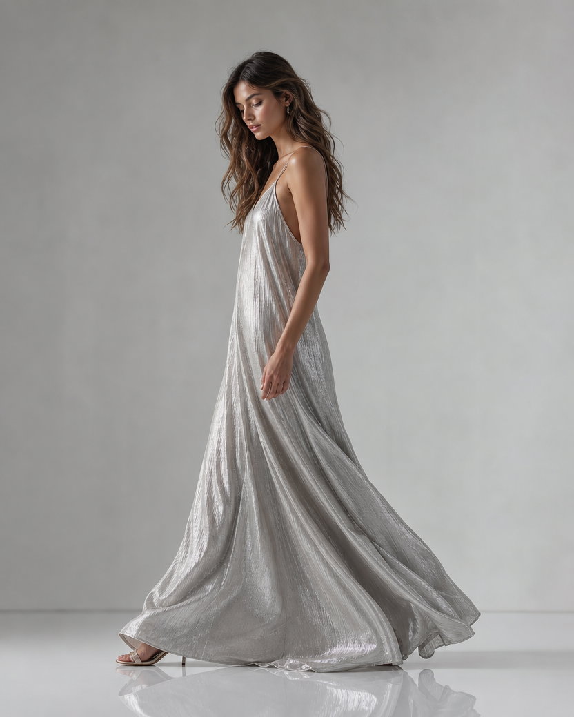 Fashion Model in Flowing Silver Dress