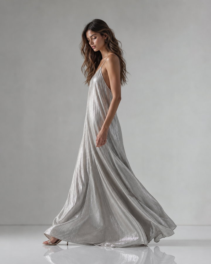 Fashion Model in Flowing Silver Dress