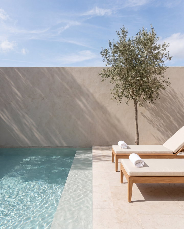 Modern Swimming Pool with Olive Tree and Lounge Chairs