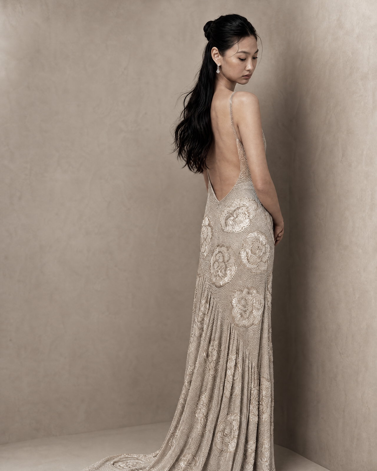 Elegant Fashion Model in Floral Gown