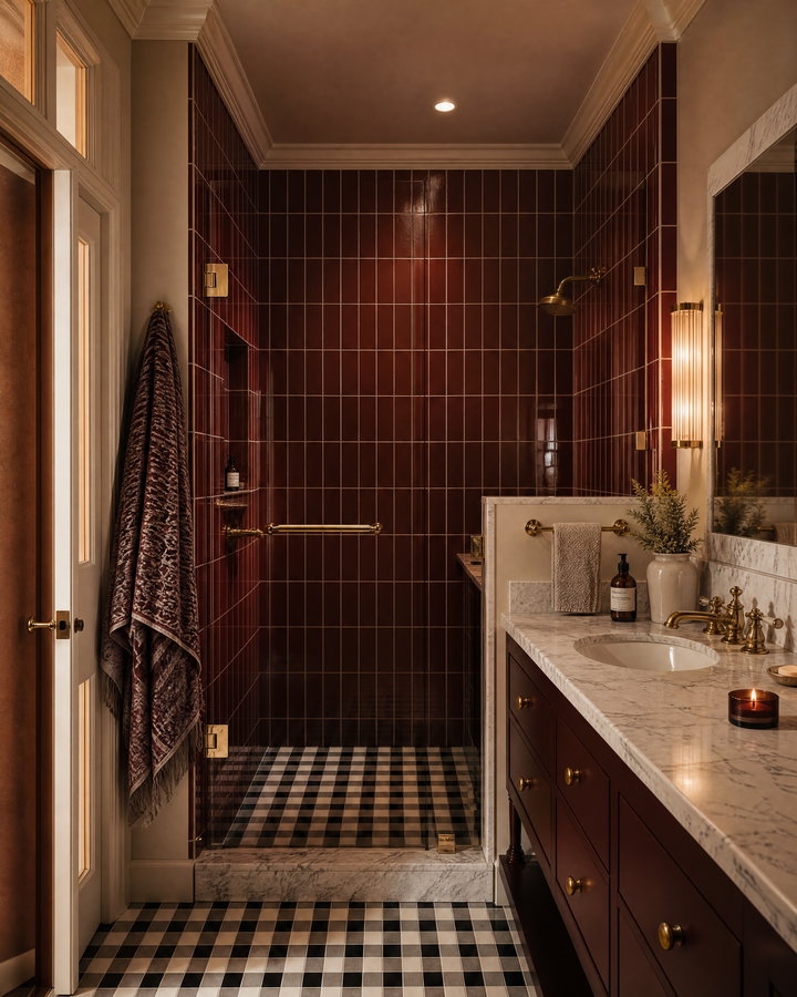 Elegant Bathroom with Deep Red Tiles and Marble Countertop