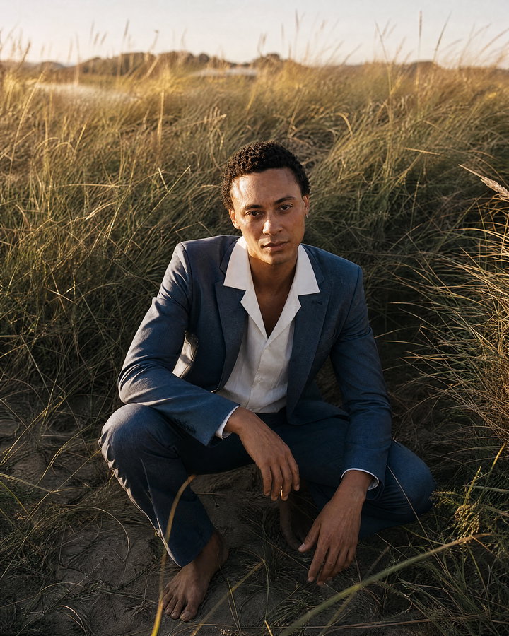 Seated Man in Tailored Blue Suit in Natural Setting