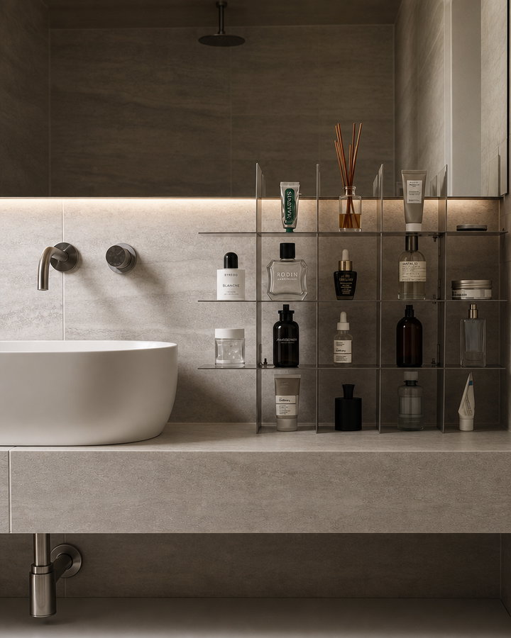 Modern Bathroom with Oval Sink and Skincare Products