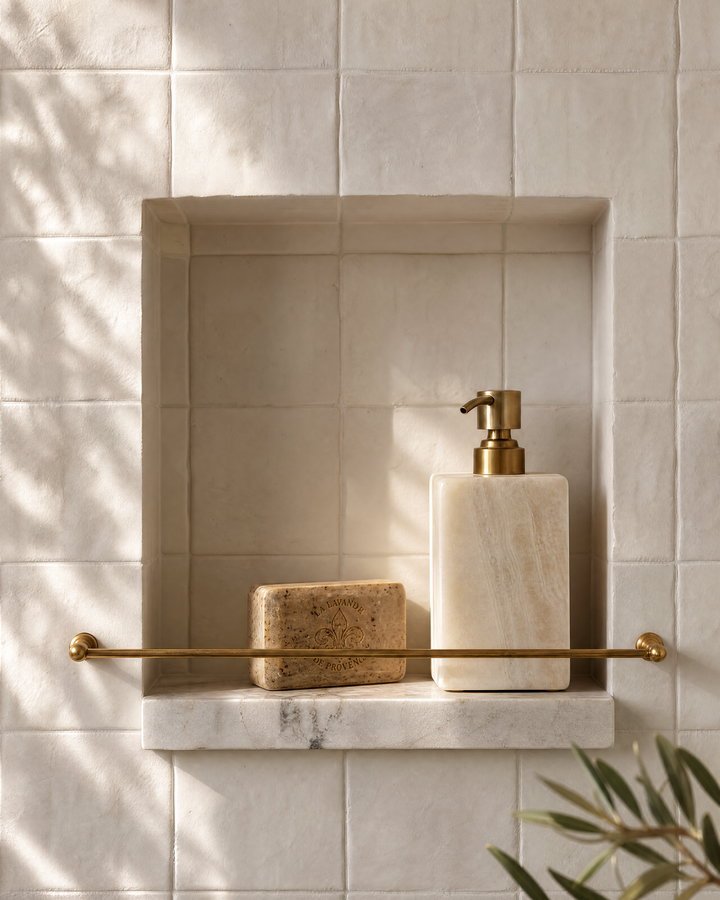 Minimalist Bathroom Niche with Soap Dispenser and Bar Soap