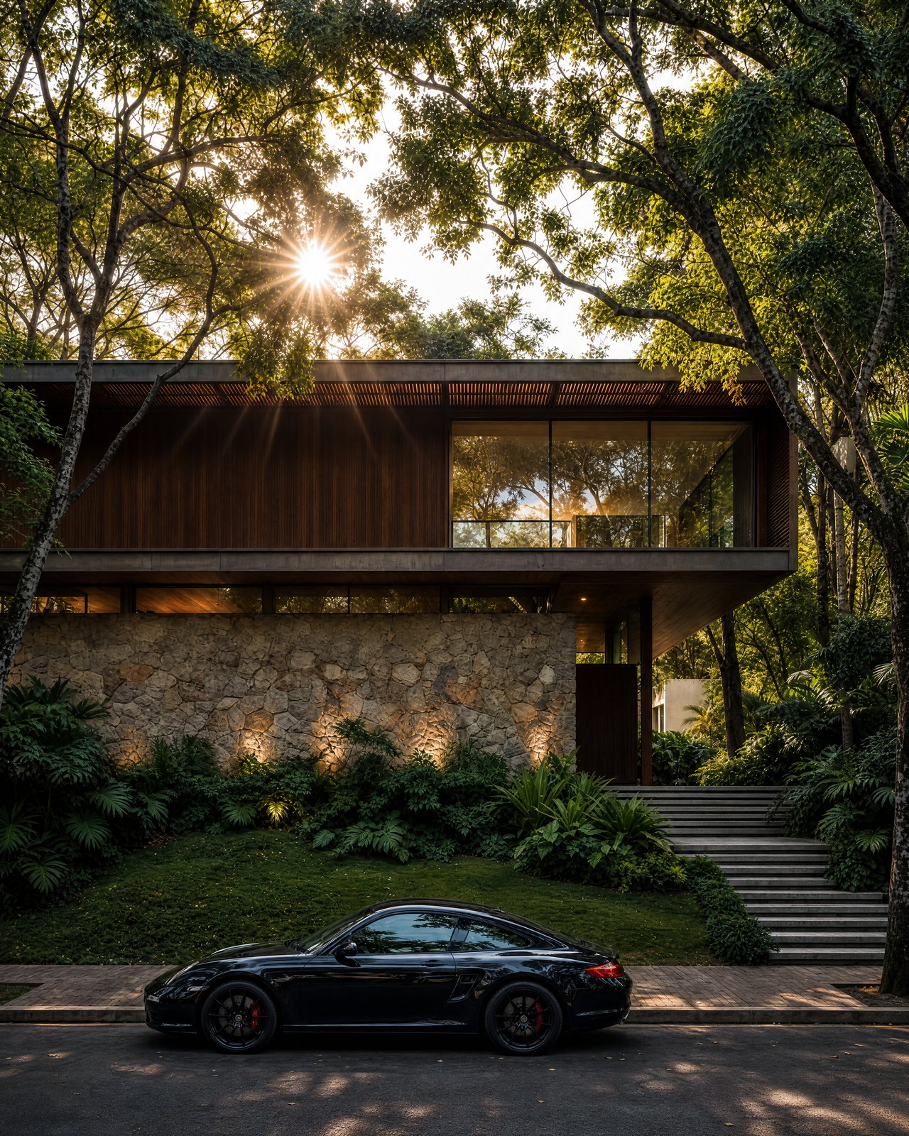 Sleek Black Sports Car in Front of Contemporary House