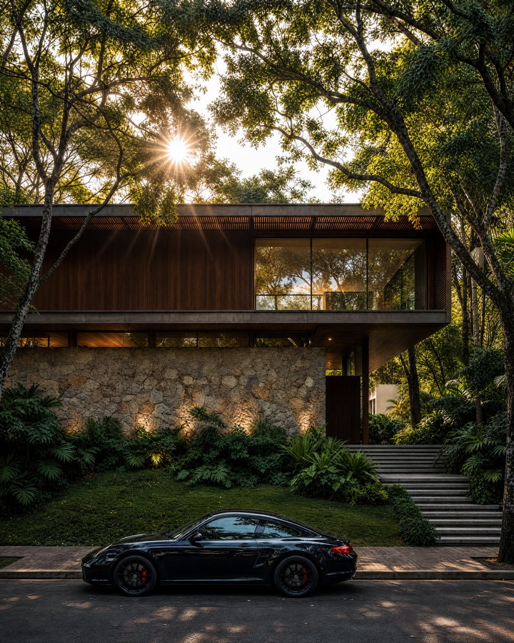 Sleek Black Sports Car in Front of Contemporary House