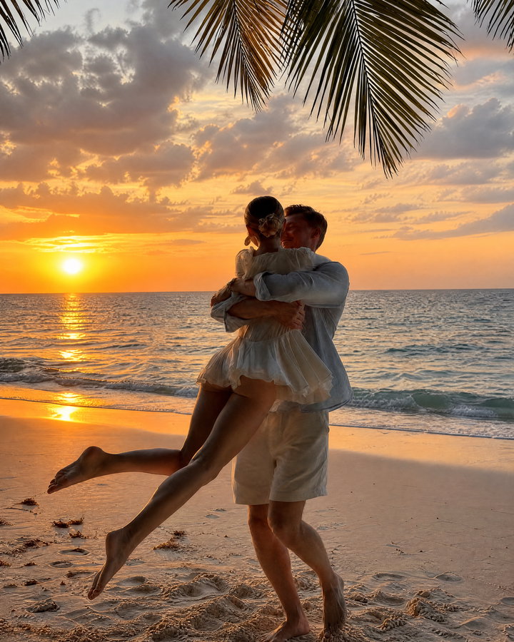 Couple Embracing on Beach at Sunset
