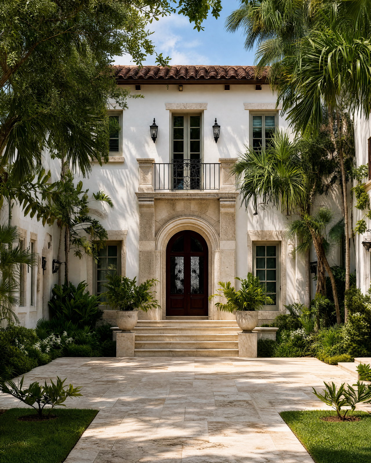 Mediterranean Villa Entrance Surrounded by Lush Greenery