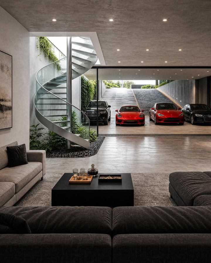 Modern Living Room with Spiral Staircase and Luxury Cars