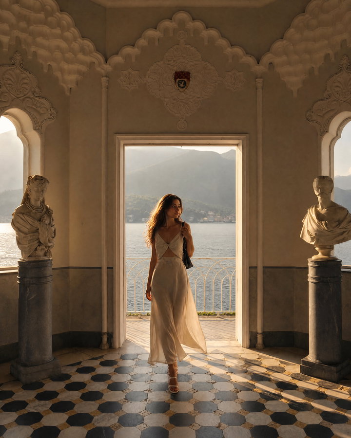 Model in Elegant Dress at Arched Doorway