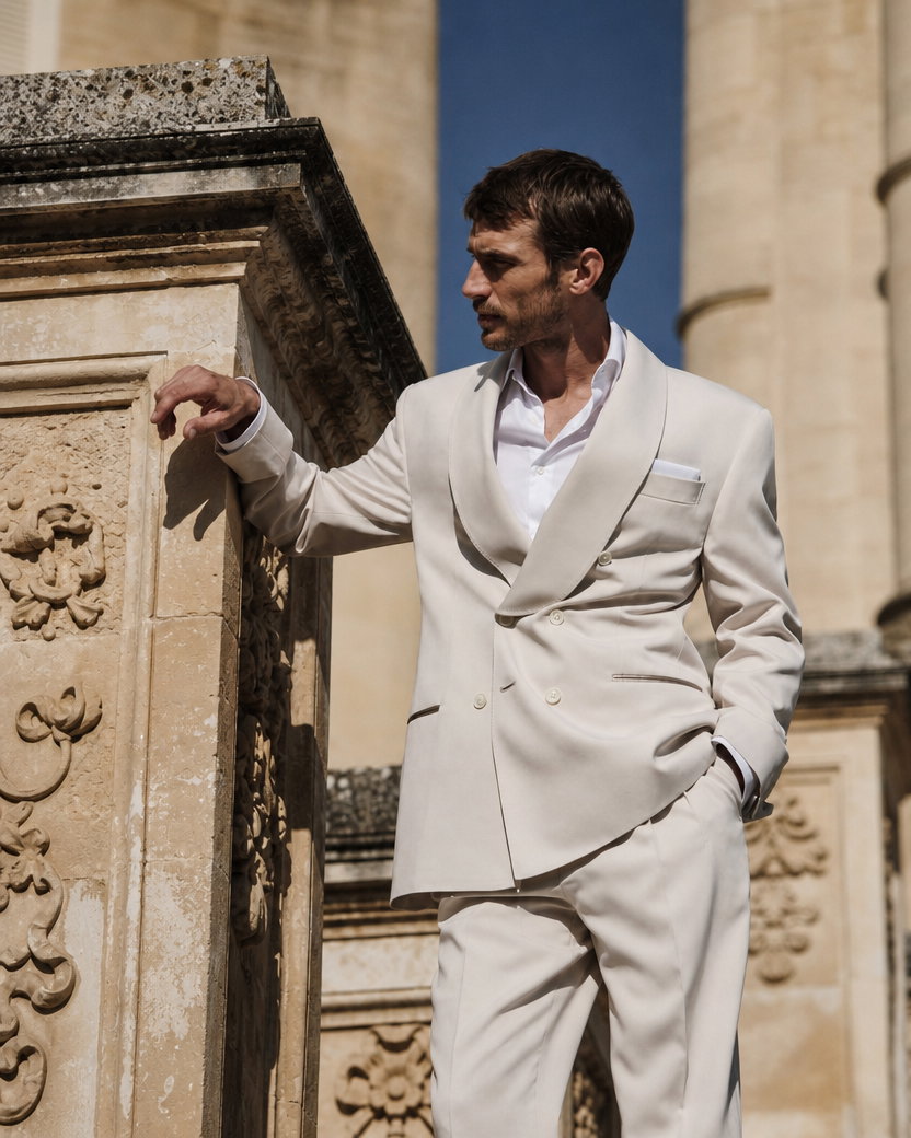 Fashion Model in Light Beige Suit Against Stone Architecture