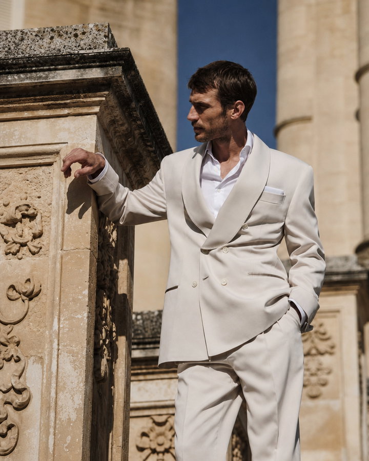 Fashion Model in Light Beige Suit Against Stone Architecture