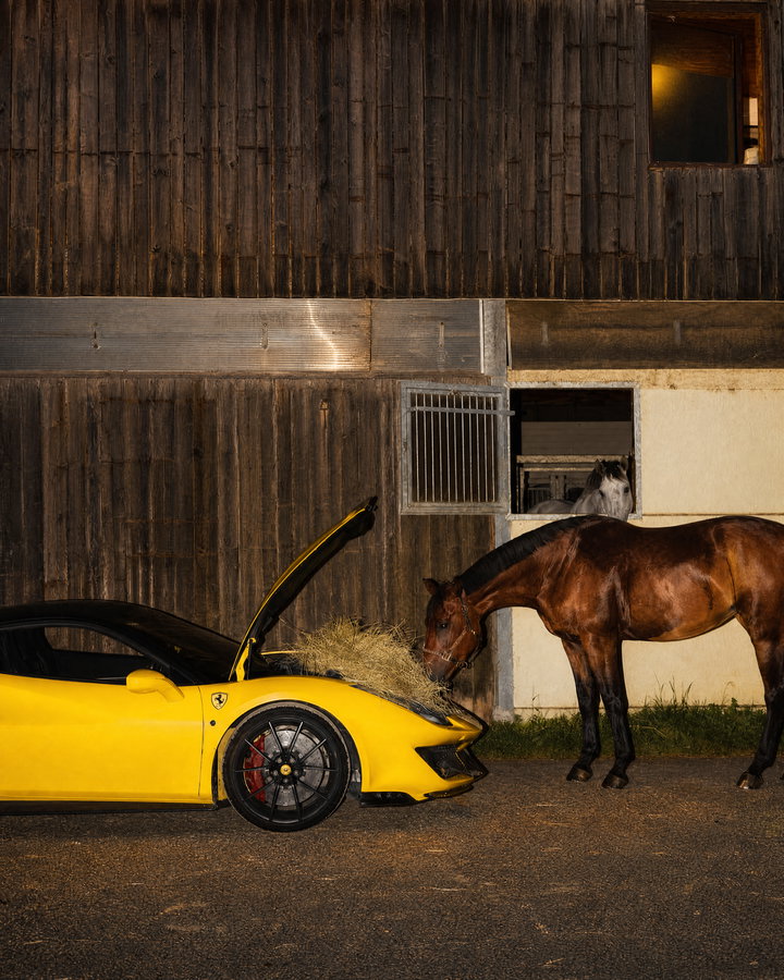 Yellow Sports Car with Hay and Curious Horse