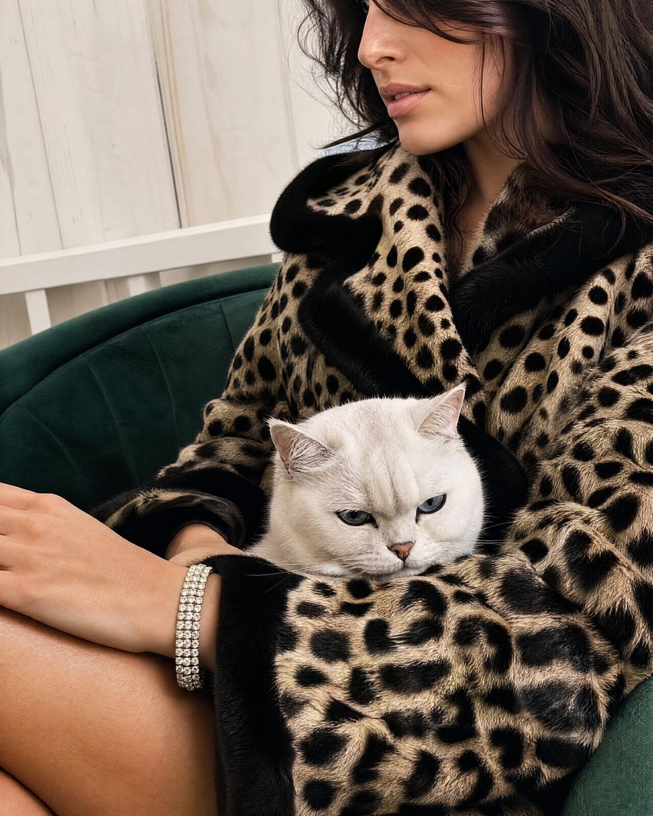 Elegant Person in Leopard-Print Coat with Fluffy Cat
