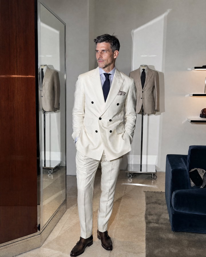 Stylish Man in Tailored White Double-Breasted Suit