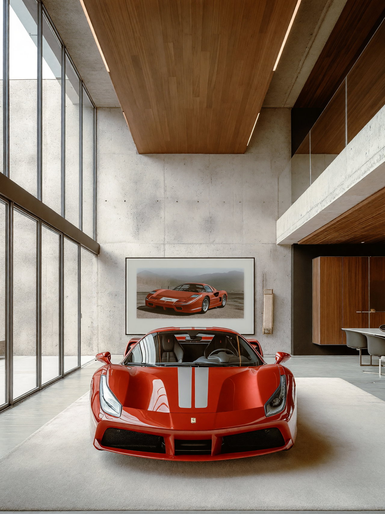 Red Sports Car in Modern Luxurious Interior