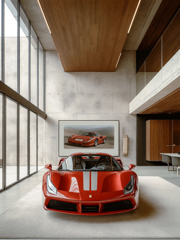 Red Sports Car in Modern Luxurious Interior