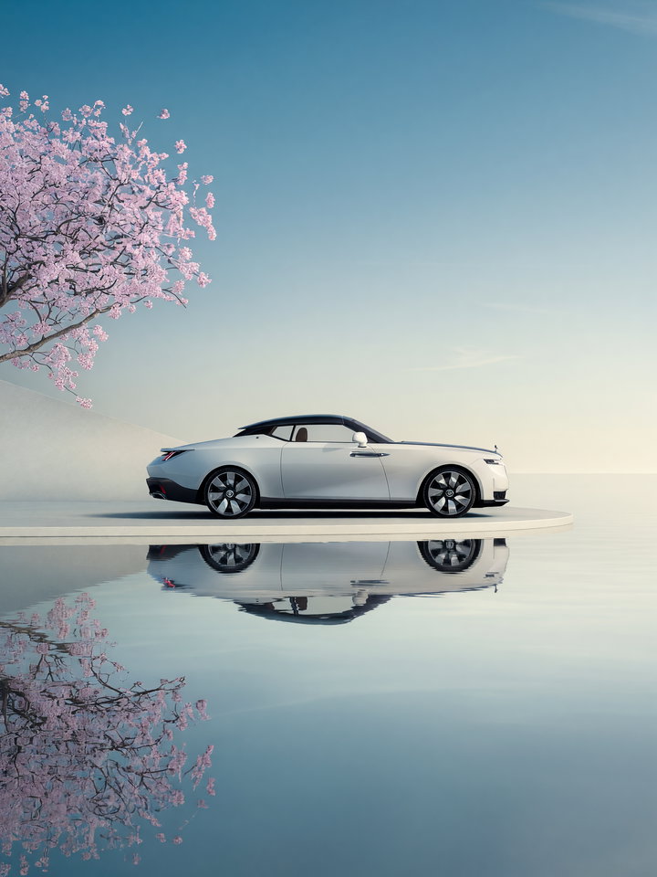 Sleek Convertible Car by Reflective Water