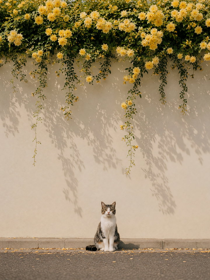 Calm Cat in Front of Yellow Flower Wall