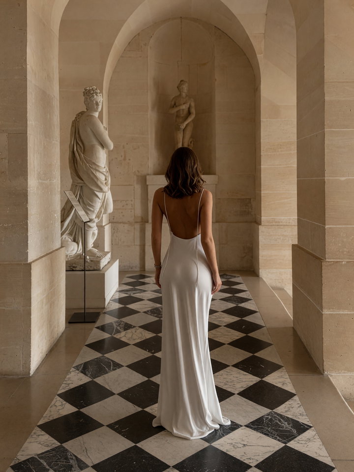 Model in White Dress in Grand Corridor