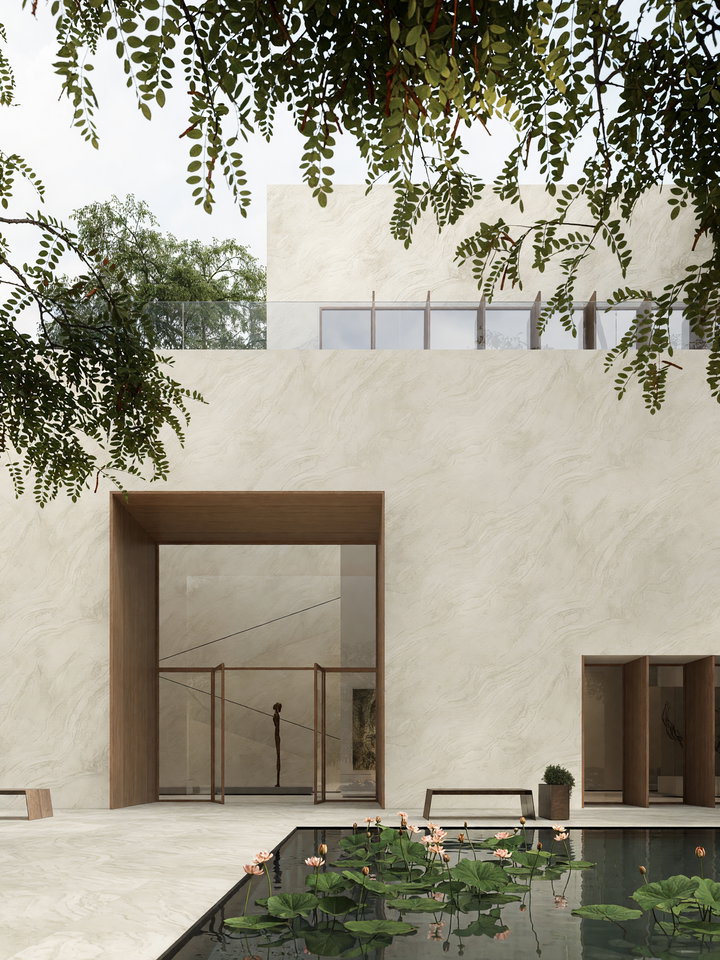Minimalist Architectural Scene with Reflective Pond