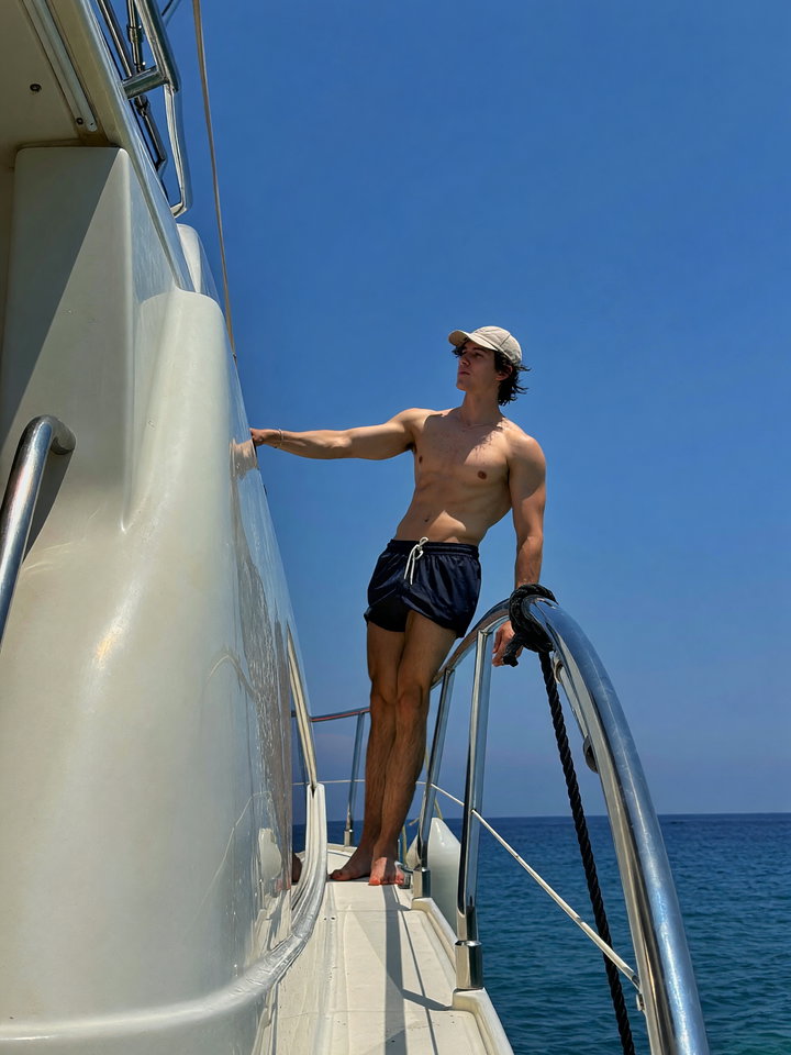 Young Man on Yacht Edge Against Blue Sky