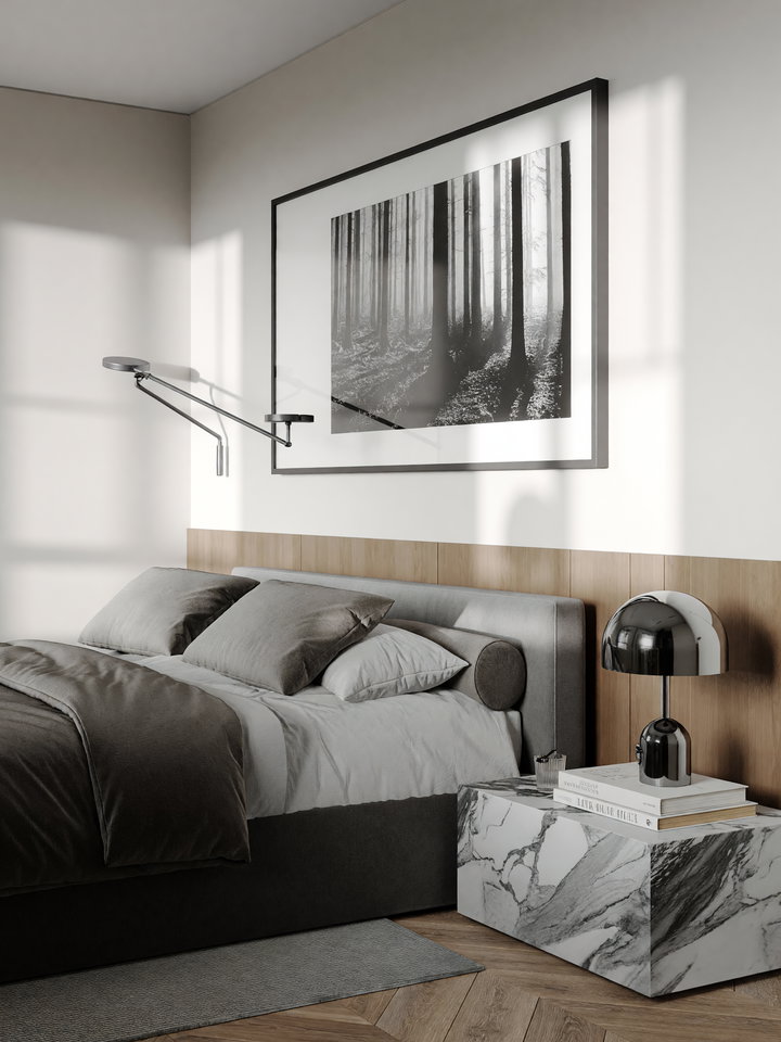Modern Bedroom Interior with Gray Bedding