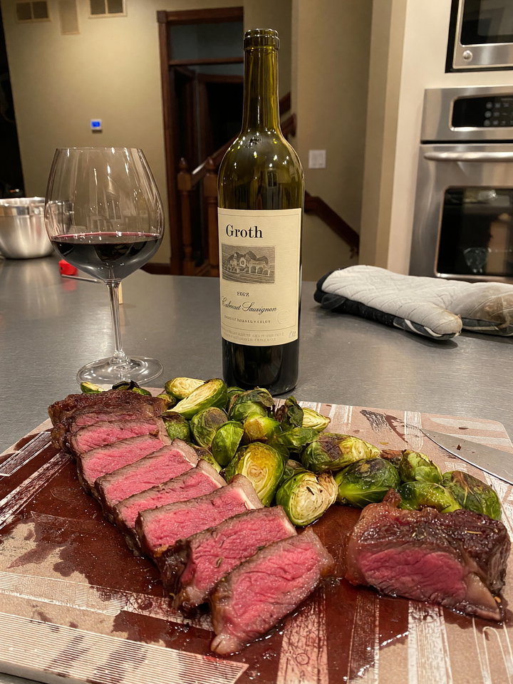 Juicy Steak Dinner with Brussels Sprouts and Cabernet Sauvignon