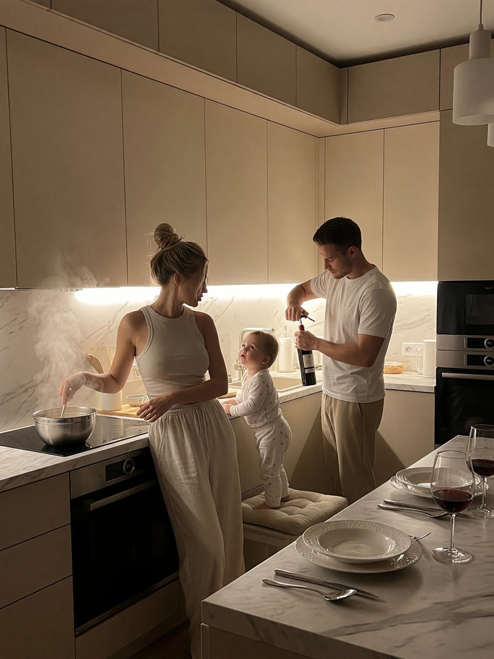 Family Cooking Together in Modern Kitchen