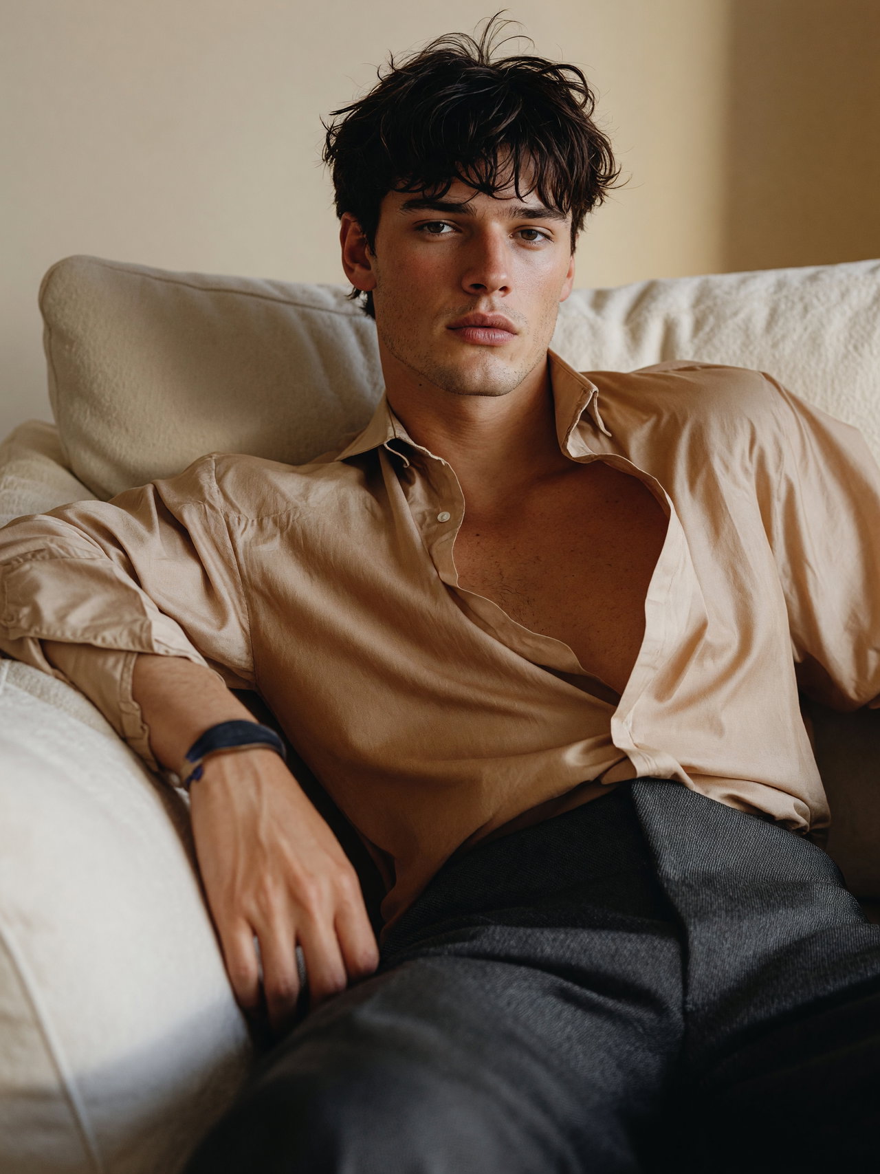 Young Man Relaxing on Light-Colored Sofa