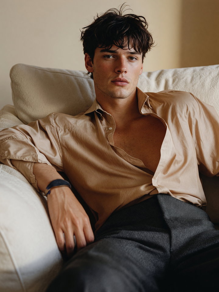 Young Man Relaxing on Light-Colored Sofa