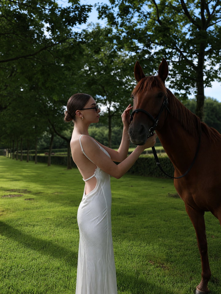Young Woman Interacting with Horse in Green Field