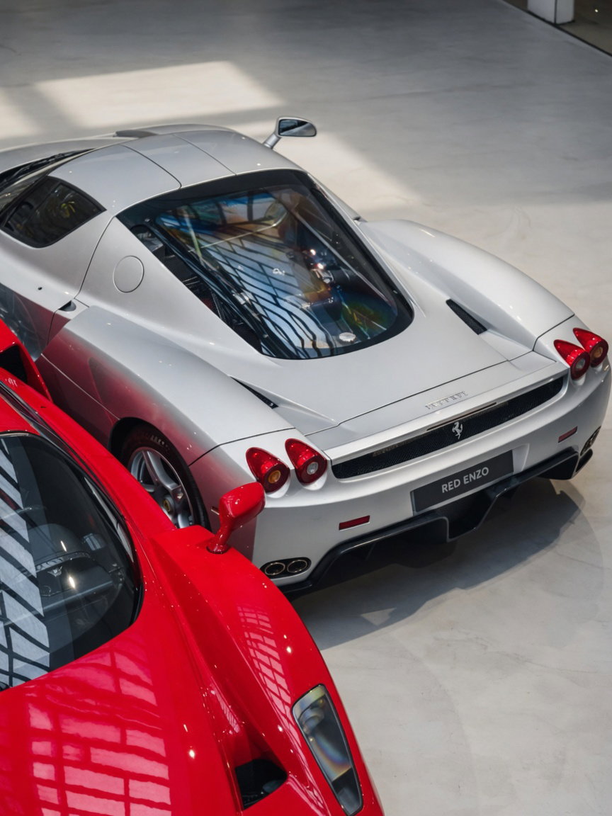 Red Ferrari Enzo and Silver Sports Car on Concrete Floor
