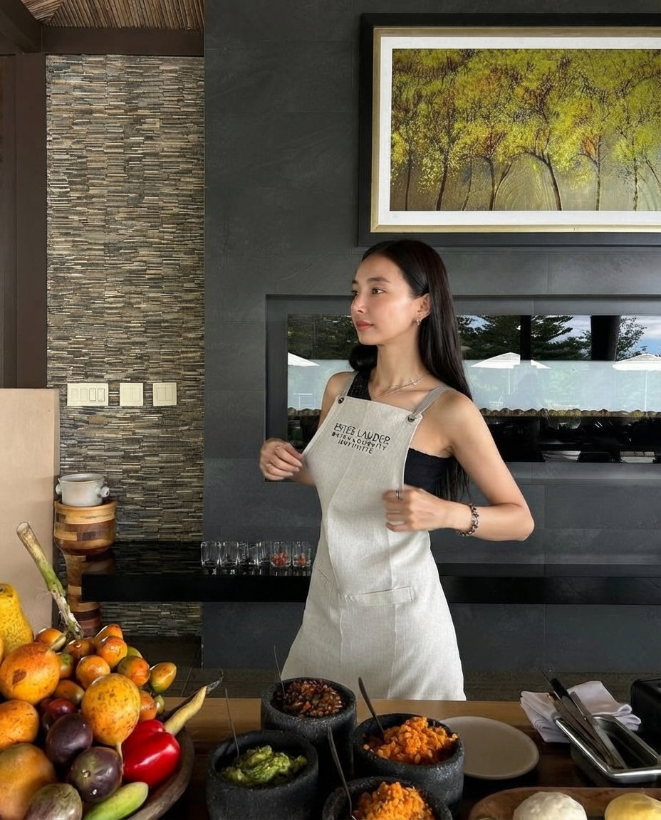 Young Woman in Stylish Kitchen with Colorful Food