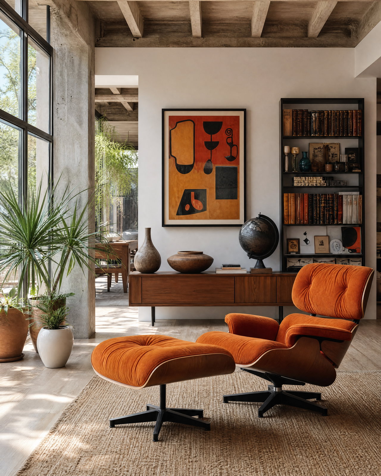 Modern Living Room with Orange Lounge Chair