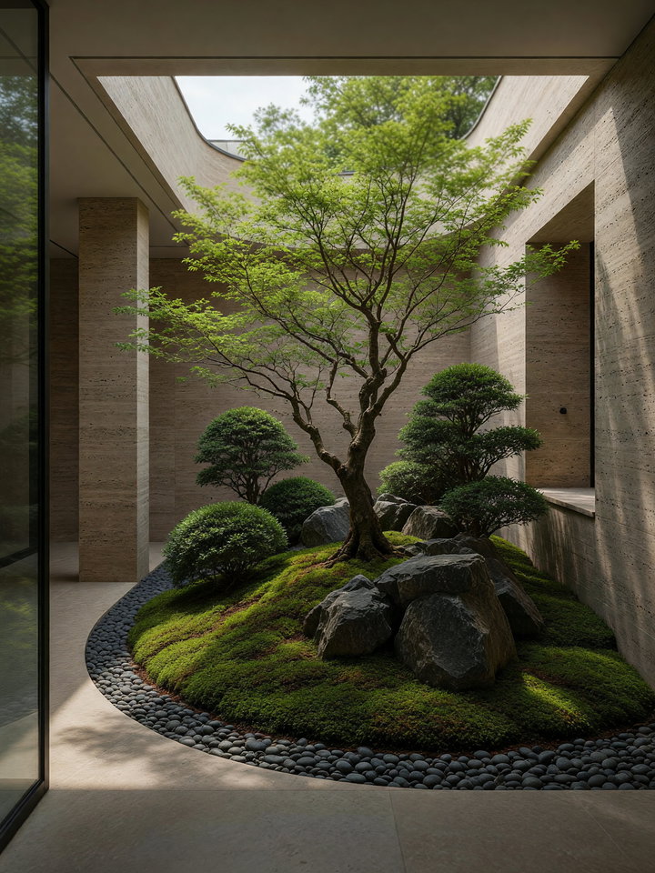 Serene Courtyard Garden with Central Tree