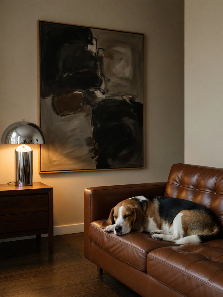 Cozy Beagle on Brown Leather Couch