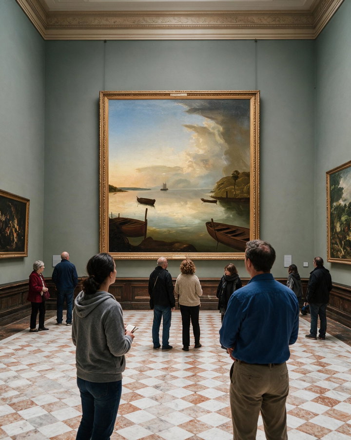 Museum Interior with Visitors Admiring Artwork
