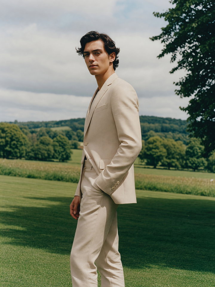 Young Adult Male Model in Light Beige Suit Outdoors