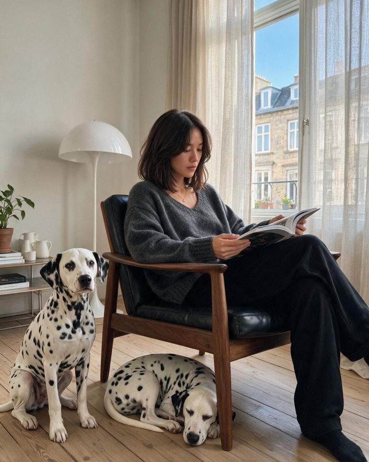 Young Woman Reading in Bright Room with Dogs