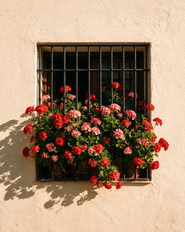 Window with Vibrant Geranium Flower Box