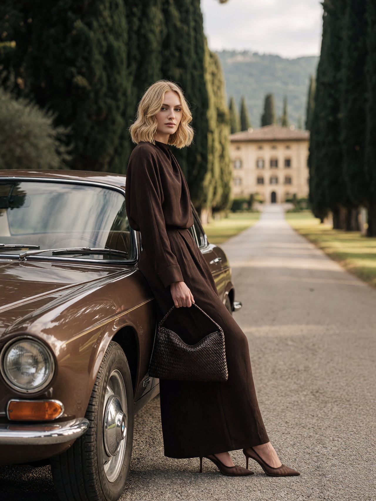 Elegant Woman by Vintage Car in Luxurious Setting