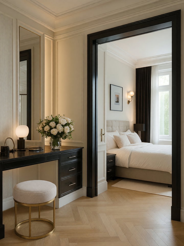 Stylish Bedroom and Vanity Area in Neutral Tones
