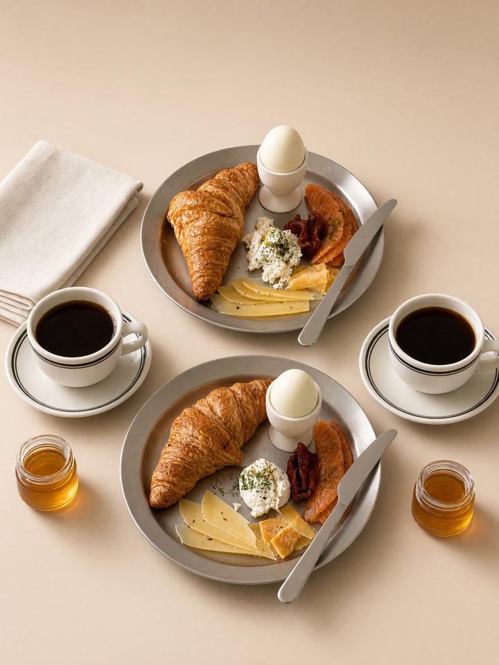 Breakfast Table Setting with Croissants and Coffee