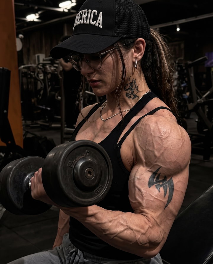 Muscular Woman Lifting Dumbbell in Gym