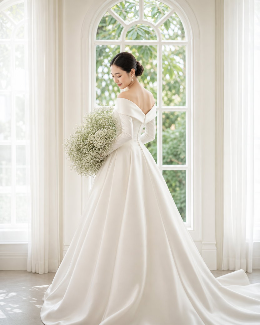 Thai Bride in Ivory Satin Gown by Arched Window