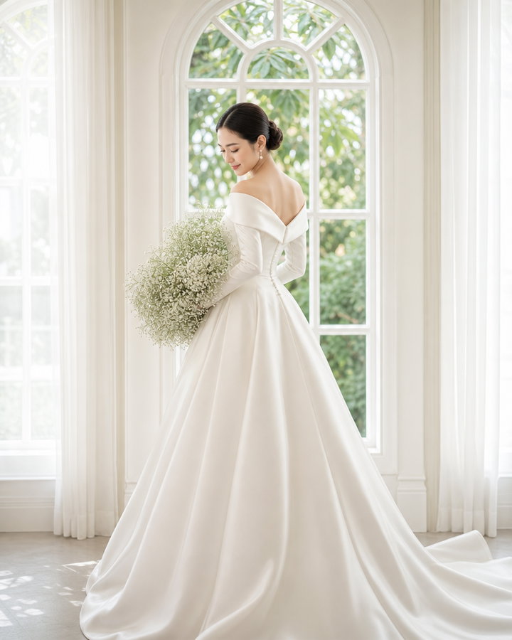 Thai Bride in Ivory Satin Gown by Arched Window