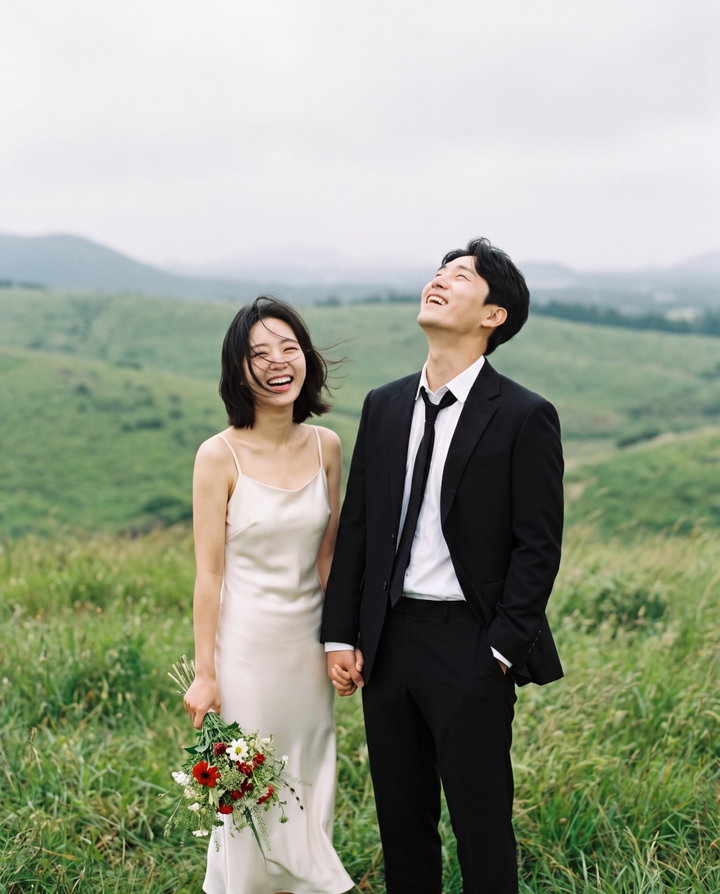 Joyful Korean Couple in Green Meadow