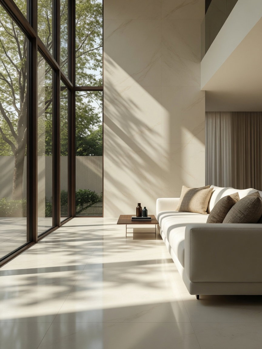 Modern Living Room with Sunlight and Shadows