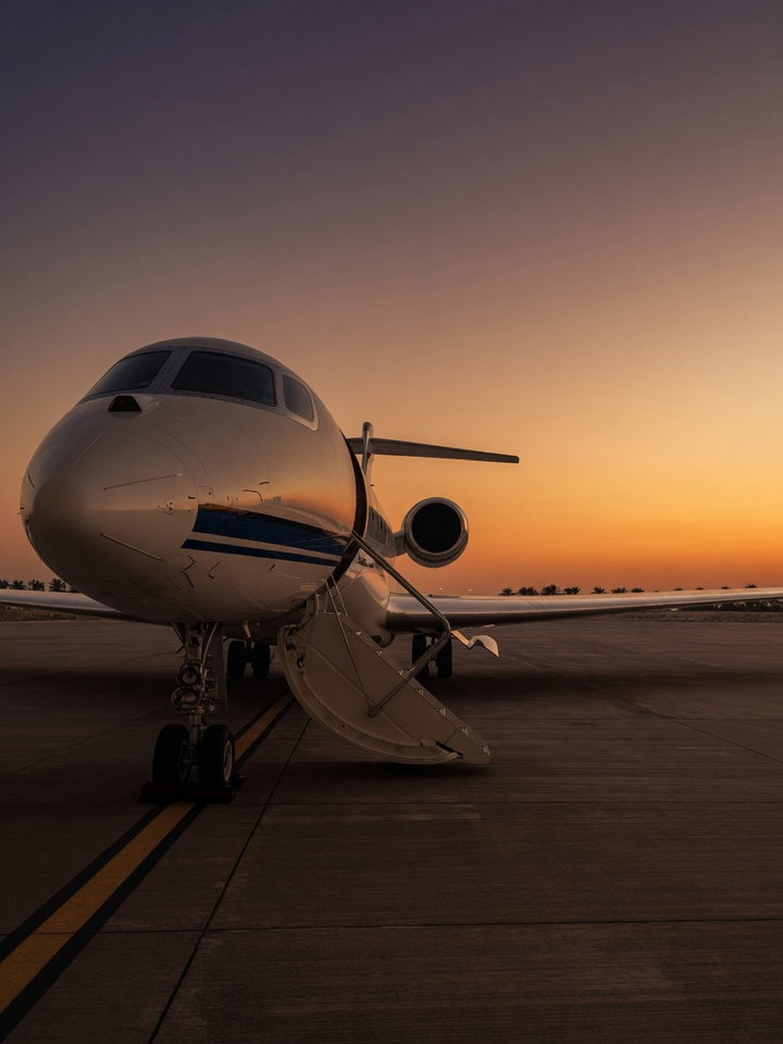 Private Jet on Tarmac at Sunset